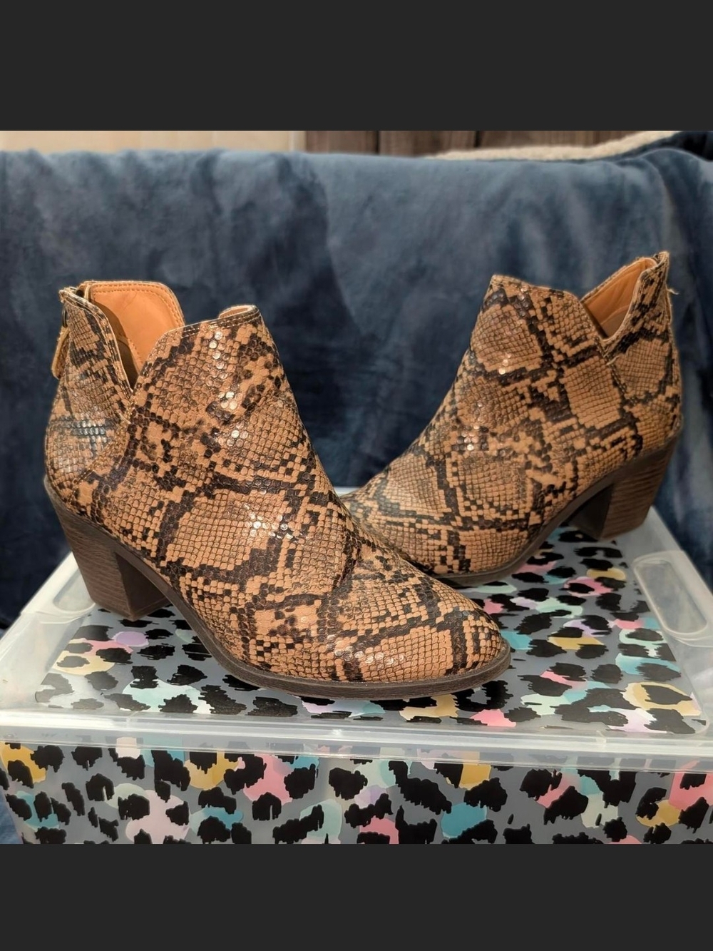 Snake-Print Ankle Booties in Brown